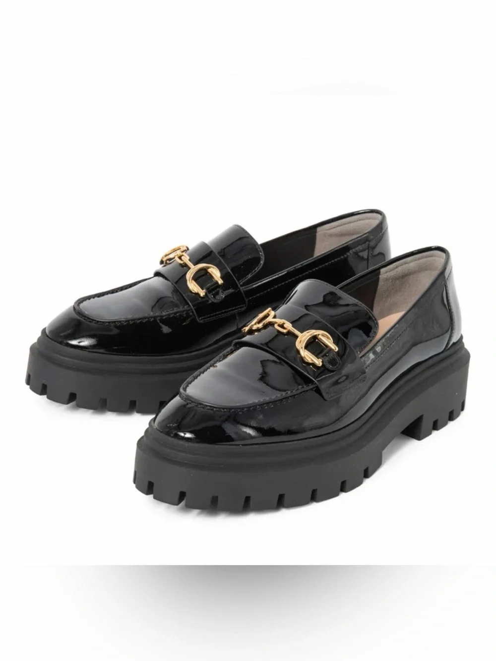 Stuart Weitzman Black Patent Loafer with Gold Chain | Size 39.5